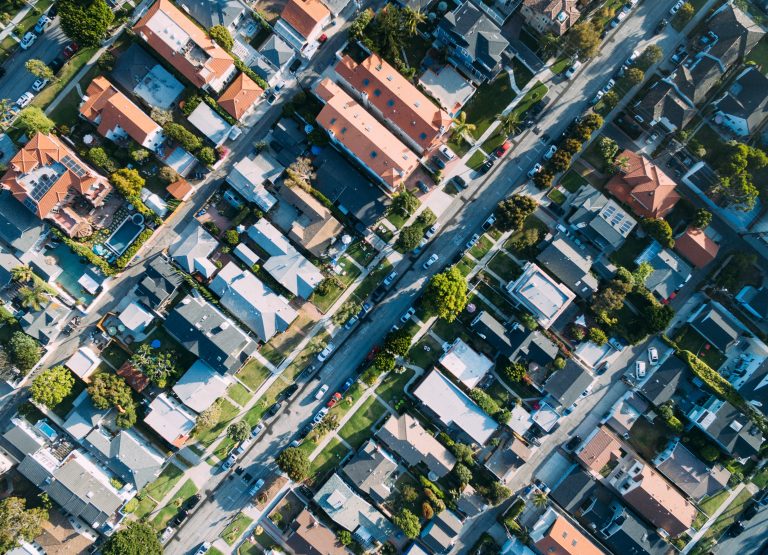 Aerial view of houses in a neighbourhood